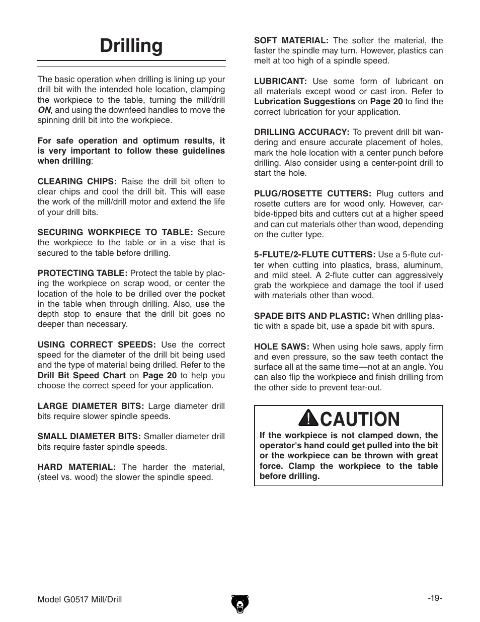 Drilling | Grizzly G0517g User Manual | Page 21 / 40