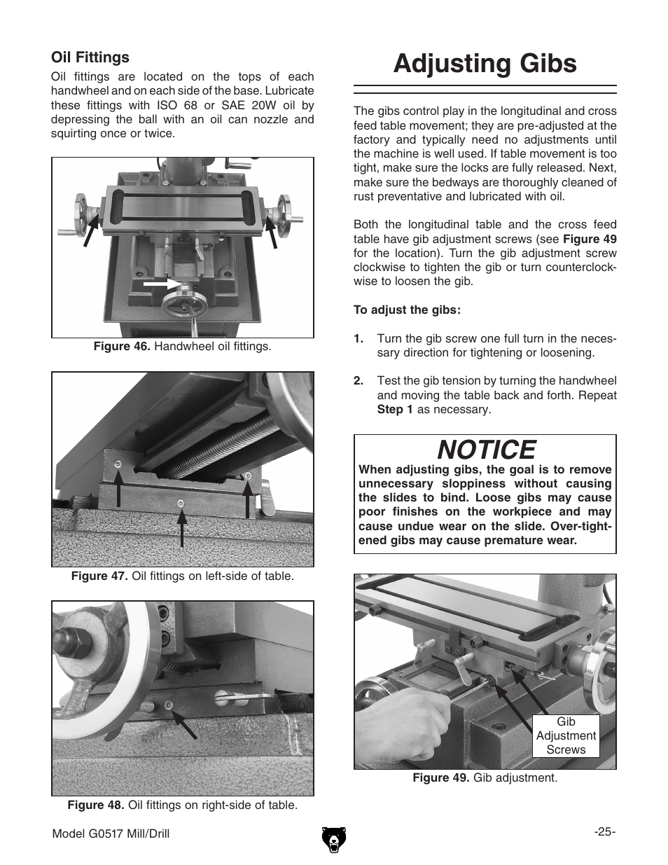 Adjusting gibs, Notice | Grizzly G0517g User Manual | Page 27 / 40