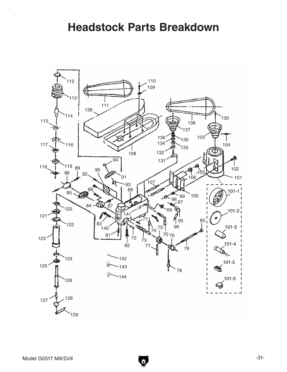 Headstock parts breakdown | Grizzly G0517g User Manual | Page 33 / 40