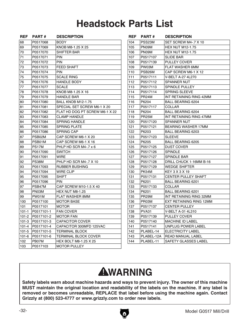 Headstock parts list, Model g0517 mill/drill | Grizzly G0517g User Manual | Page 34 / 40