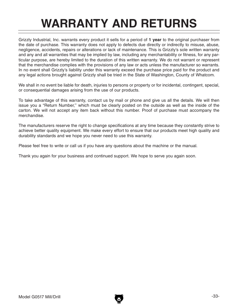 Warranty and returns | Grizzly G0517g User Manual | Page 35 / 40