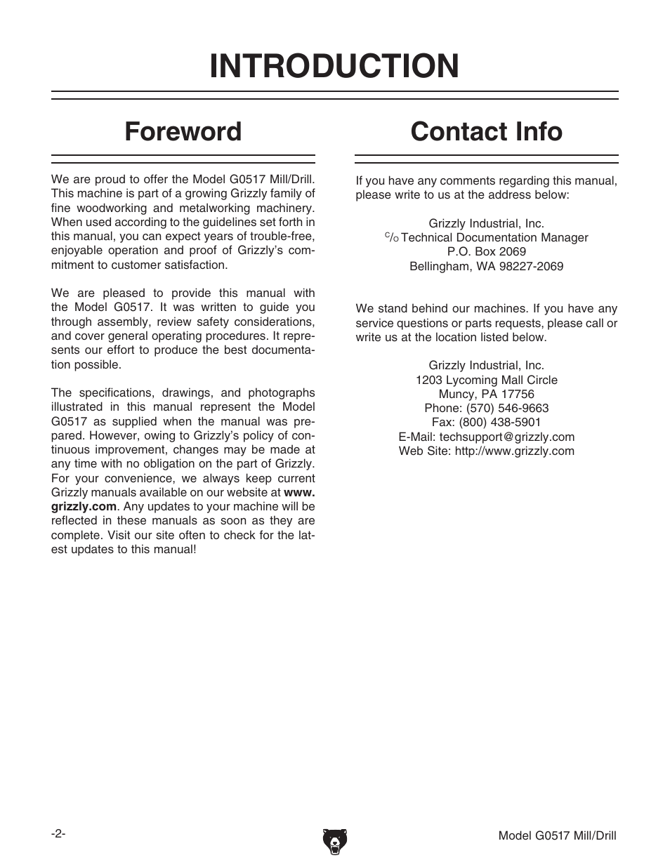 Introduction, Foreword, Contact info | Grizzly G0517g User Manual | Page 4 / 40
