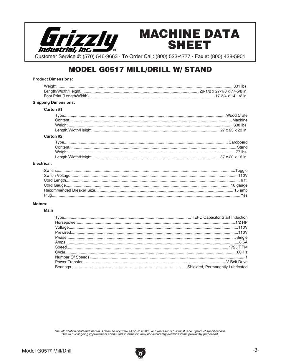 Machine data sheet, Model g0517 mill/drill w/ stand | Grizzly G0517g User Manual | Page 5 / 40