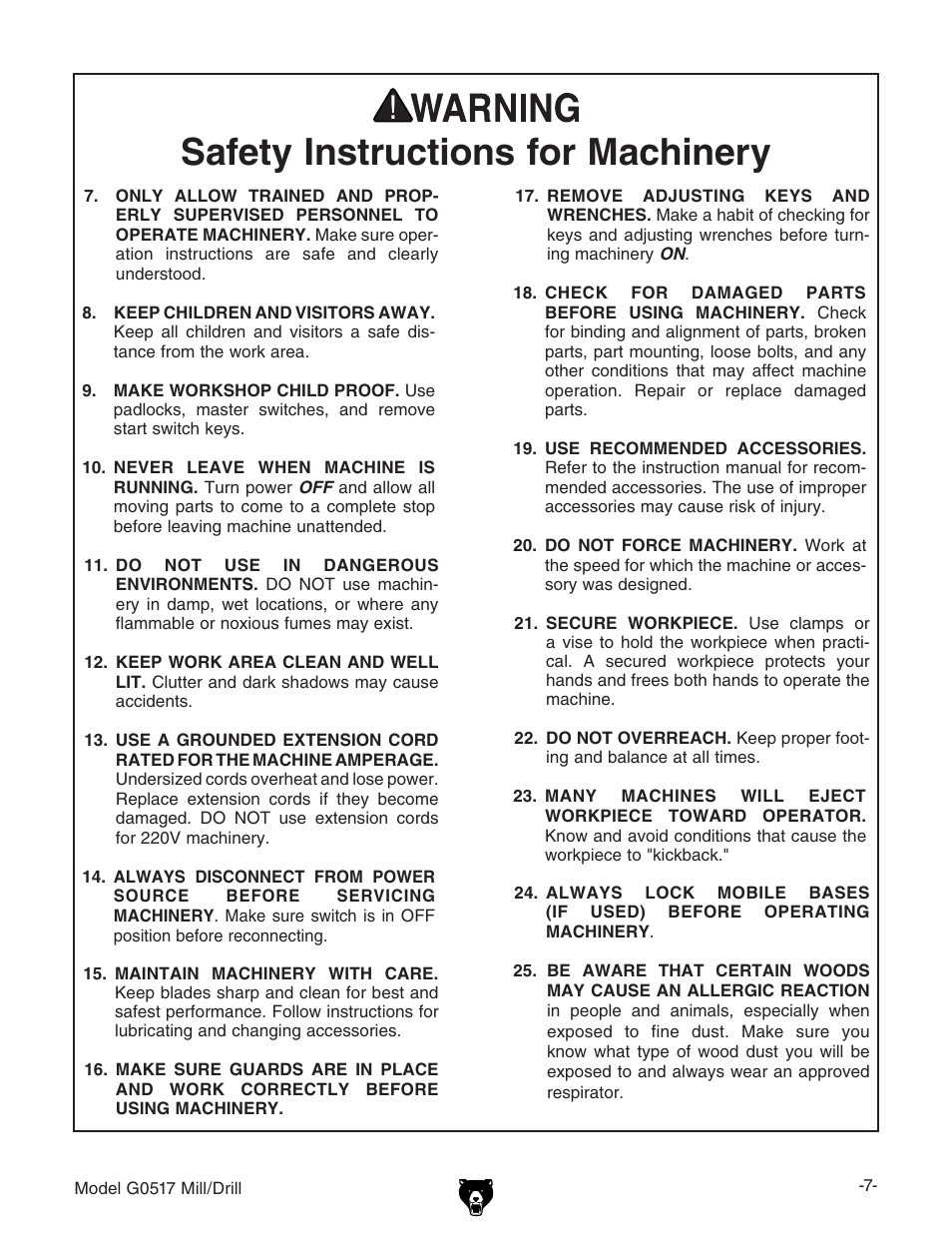 Safety instructions for machinery | Grizzly G0517g User Manual | Page 9 / 40