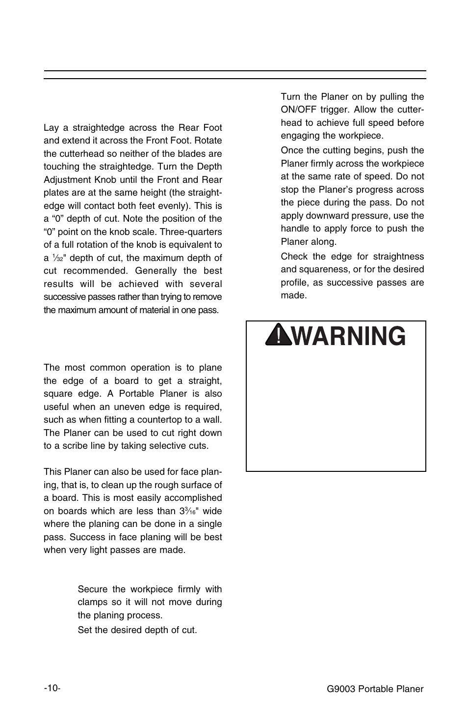 Operations, Setting cutting depth, Planing | Grizzly G9003 User Manual | Page 10 / 20