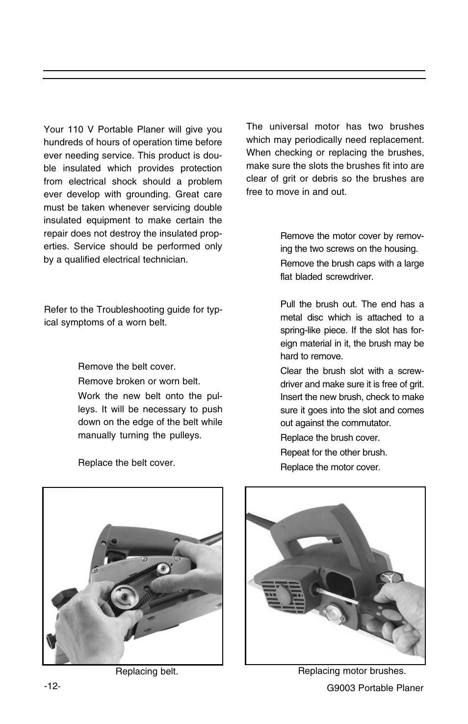 Maintenance, Belt replacement, Brush replacement | Grizzly G9003 User Manual | Page 12 / 20