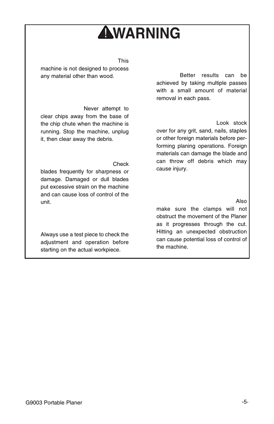 Safety instructions for portable planers | Grizzly G9003 User Manual | Page 5 / 20