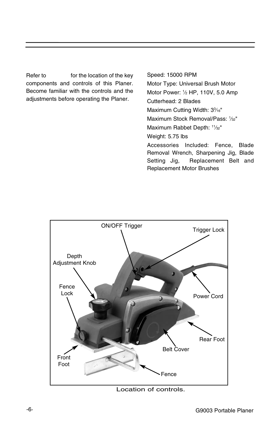 Control location, Specifications | Grizzly G9003 User Manual | Page 6 / 20