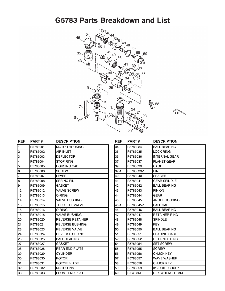 G5783 parts breakdown and list | Grizzly G5783 User Manual | Page 2 / 2