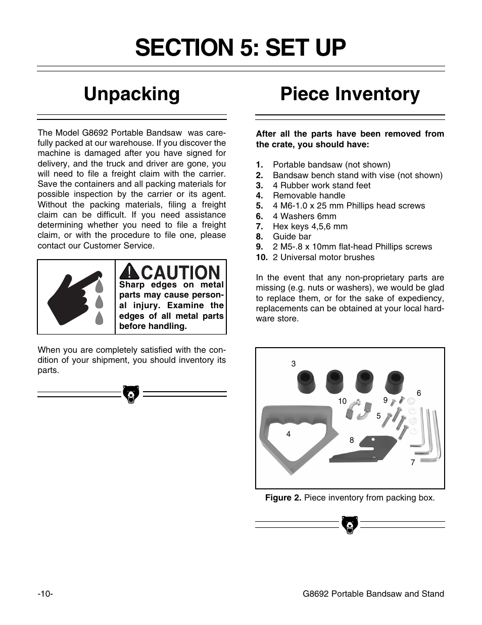 Piece inventory, Unpacking | Grizzly G8692 User Manual | Page 11 / 35
