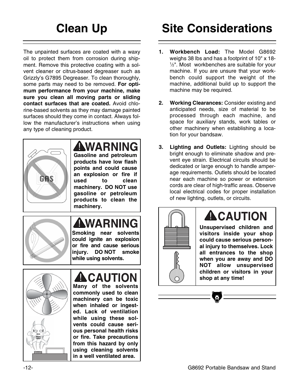 Site considerations clean up | Grizzly G8692 User Manual | Page 13 / 35