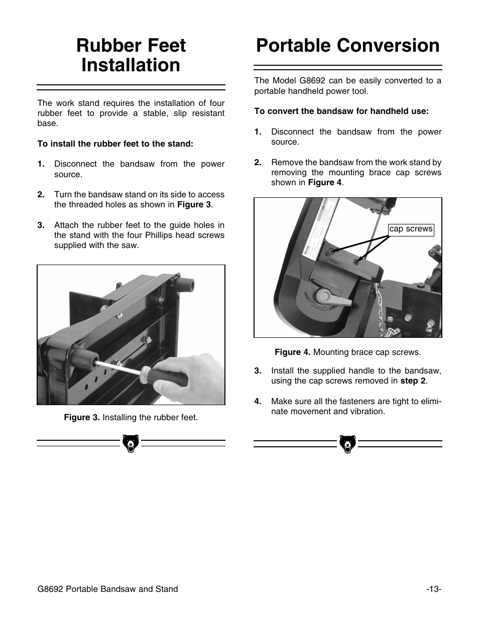 Portable conversion, Rubber feet installation | Grizzly G8692 User Manual | Page 14 / 35