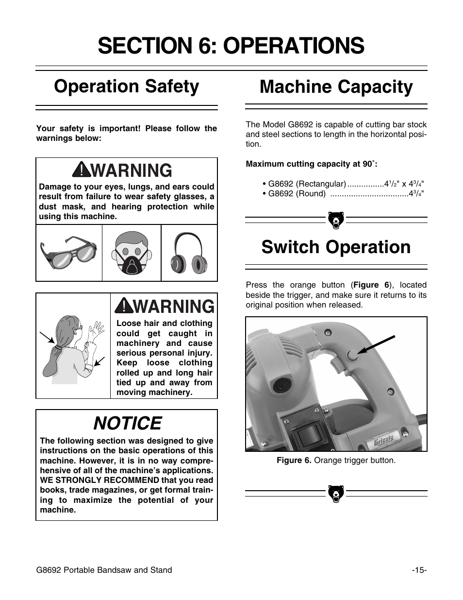 Notice, Switch operation, Machine capacity operation safety | Grizzly G8692 User Manual | Page 16 / 35