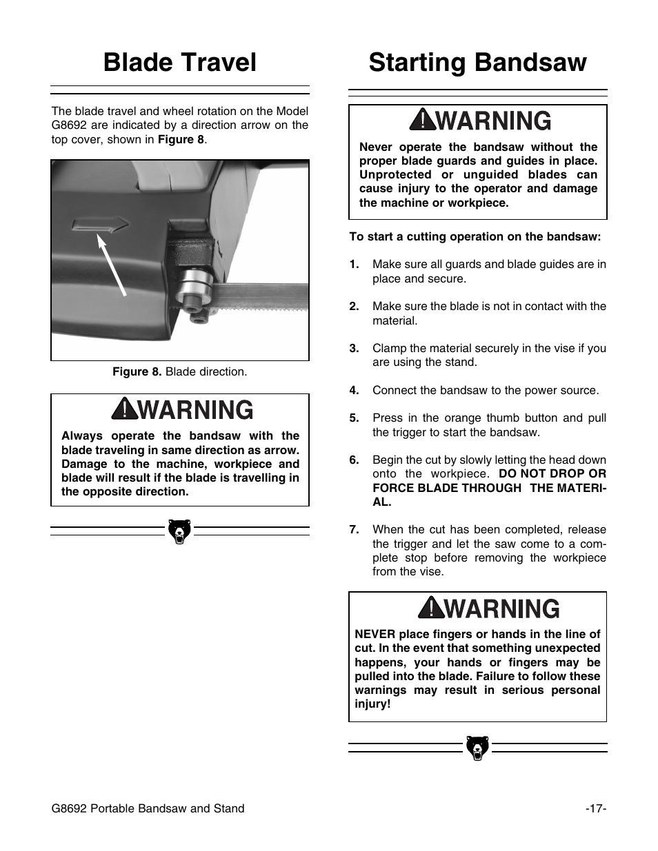 Starting bandsaw, Blade travel | Grizzly G8692 User Manual | Page 18 / 35