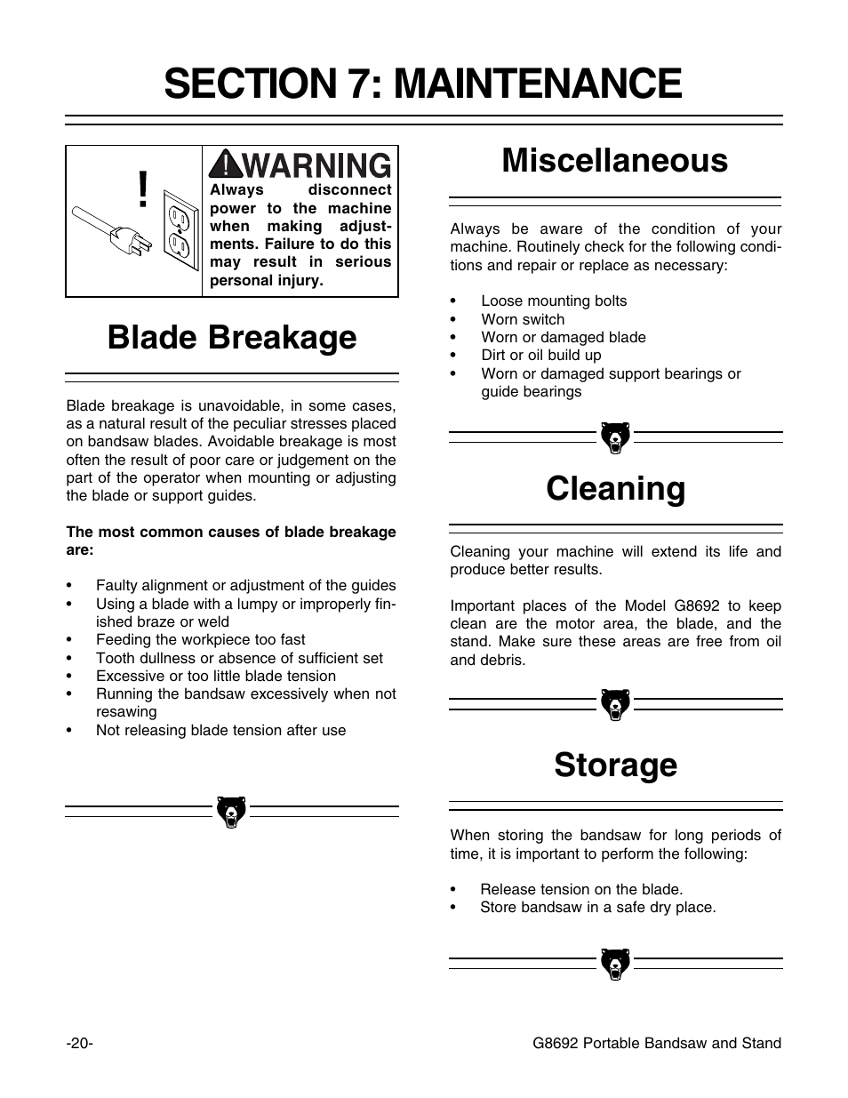 Storage cleaning miscellaneous blade breakage | Grizzly G8692 User Manual | Page 21 / 35