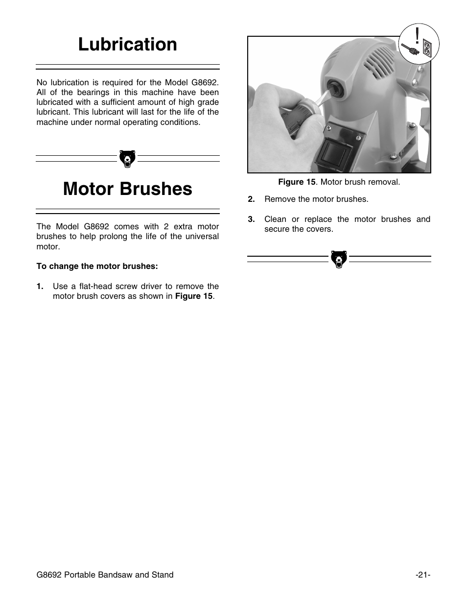 Motor brushes, Lubrication | Grizzly G8692 User Manual | Page 22 / 35