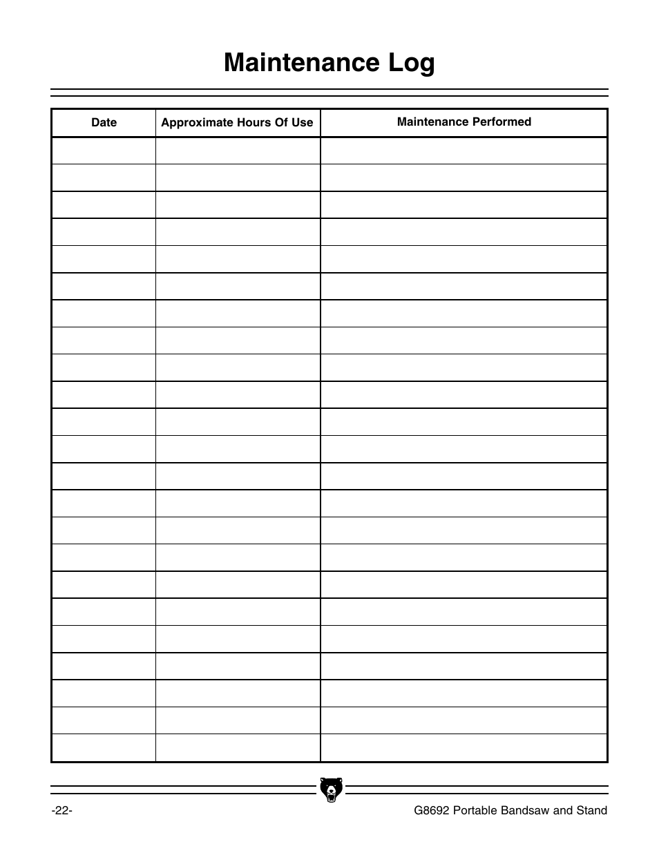 Maintenance log | Grizzly G8692 User Manual | Page 23 / 35