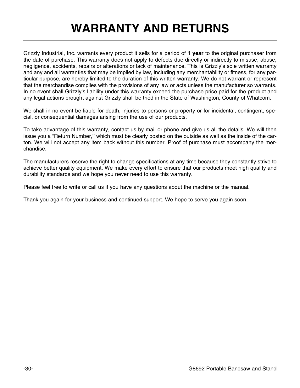 Warranty and returns | Grizzly G8692 User Manual | Page 31 / 35