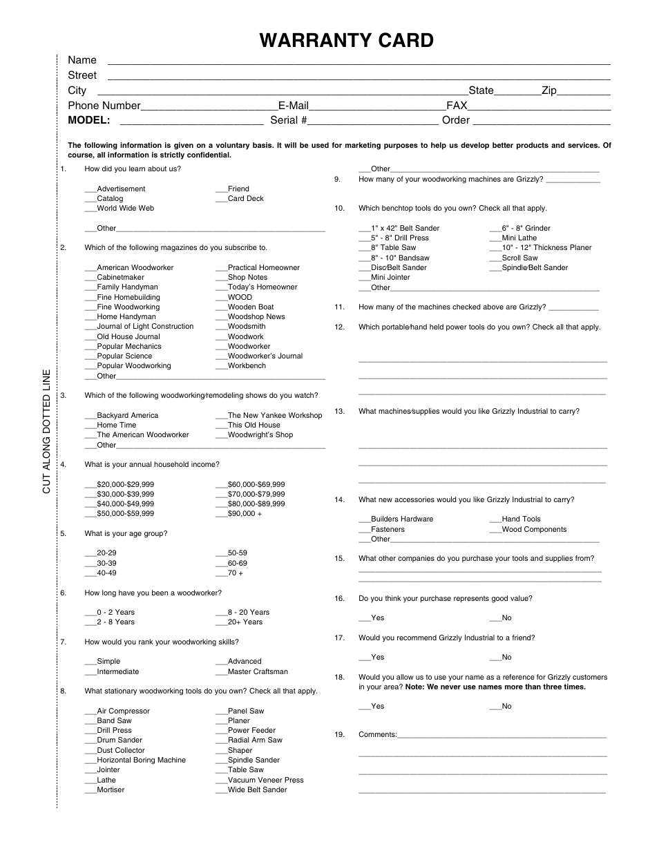 Warranty card, Cut along dotted line | Grizzly G8692 User Manual | Page 32 / 35