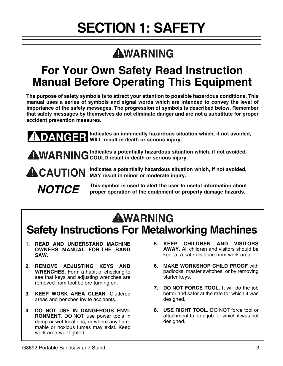 Safety instructions for metalworking machines, Notice | Grizzly G8692 User Manual | Page 4 / 35