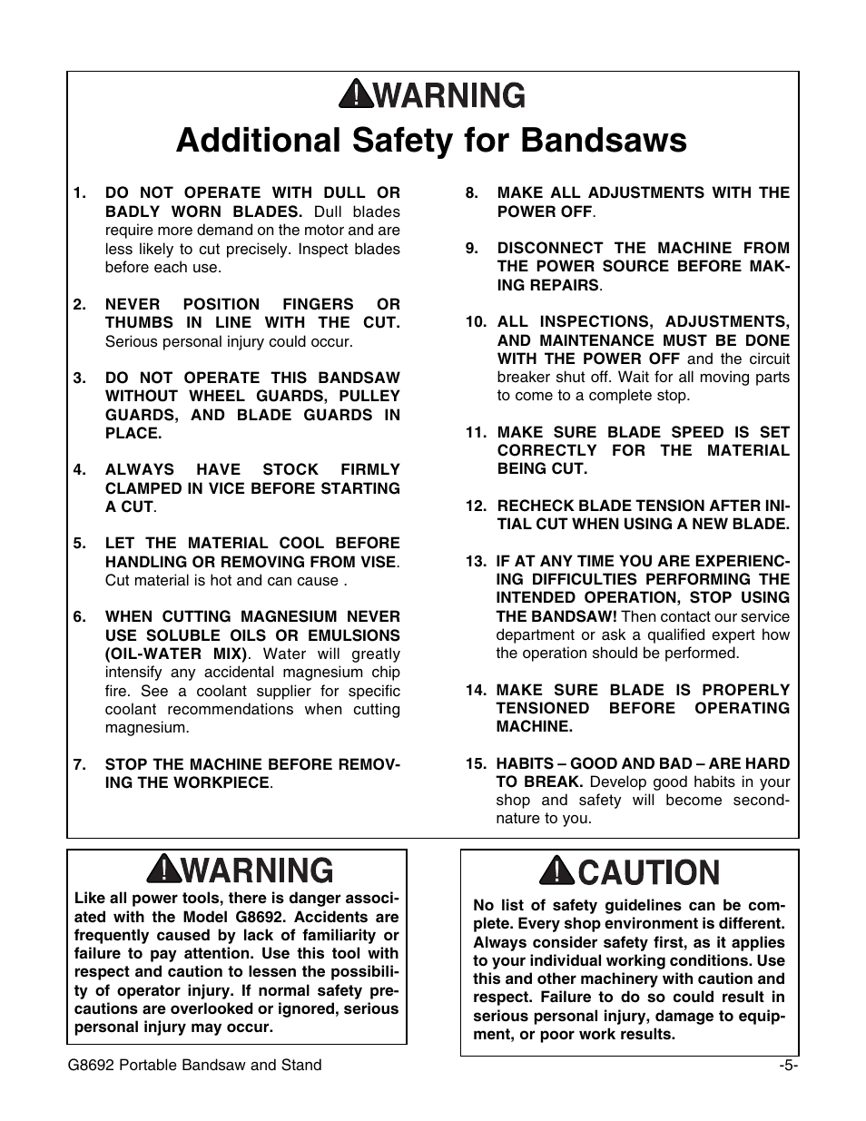 Additional safety for bandsaws | Grizzly G8692 User Manual | Page 6 / 35