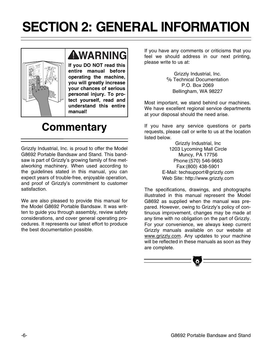 Commentary | Grizzly G8692 User Manual | Page 7 / 35