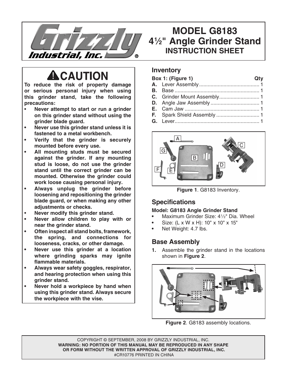 Grizzly G8183 User Manual | 4 pages