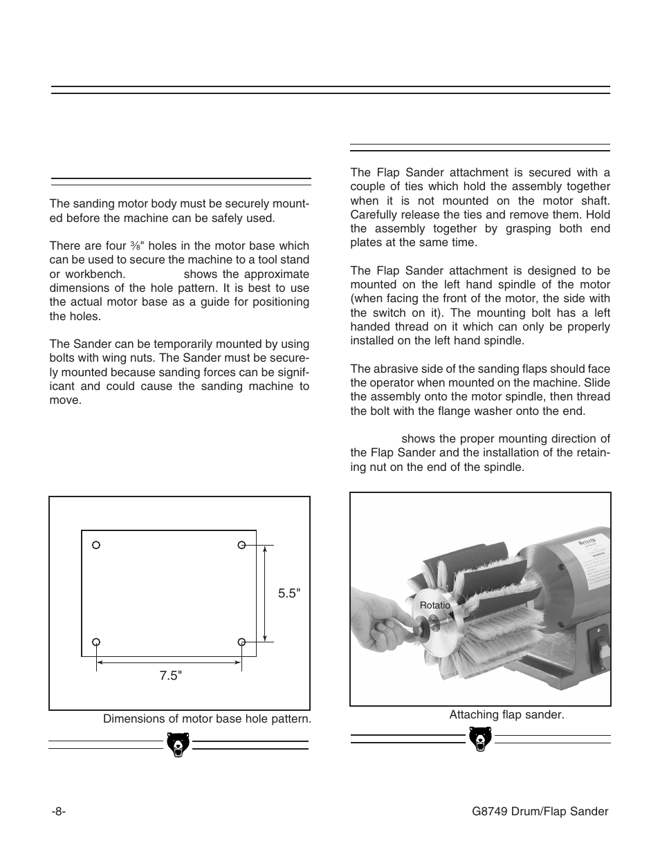 Attaching flap sander, Securing motor to bench | Grizzly G8749 User Manual | Page 10 / 24