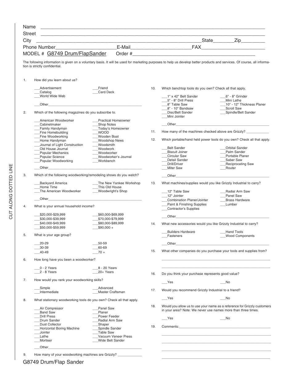 Warranty card, G8749 drum/flap sander, G8749 drum/flapsander | Order, Cut along dotted line | Grizzly G8749 User Manual | Page 23 / 24