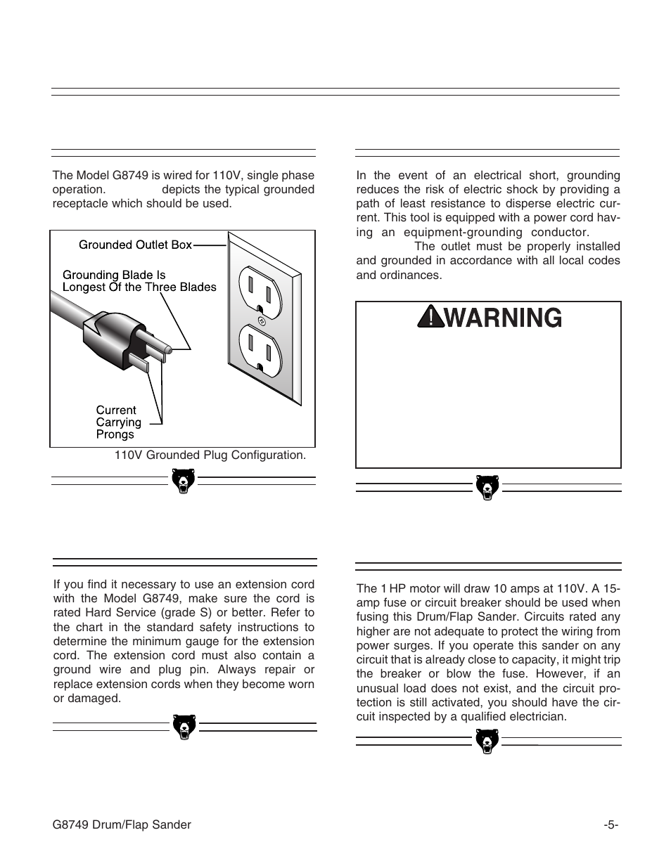 110v operation, Fusing grounding, Extension cords | Grizzly G8749 User Manual | Page 7 / 24