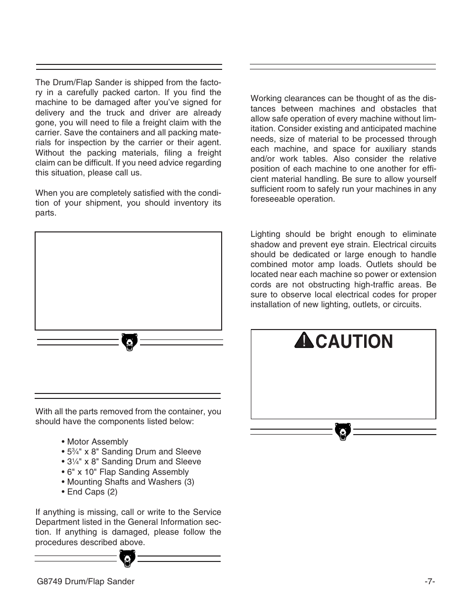 Site considerations, Unpacking, Piece inventory | Notice | Grizzly G8749 User Manual | Page 9 / 24