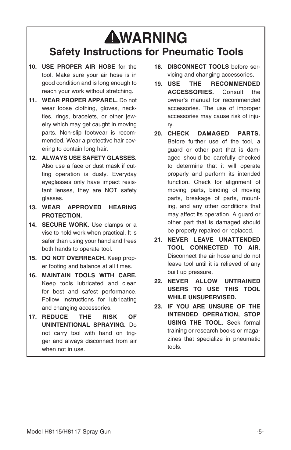 Safety instructions for pneumatic tools | Grizzly H8115 User Manual | Page 5 / 24