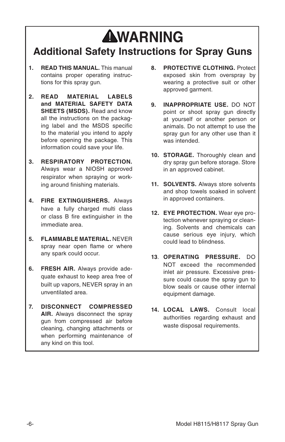 Additional safety instructions for spray guns | Grizzly H8115 User Manual | Page 6 / 24