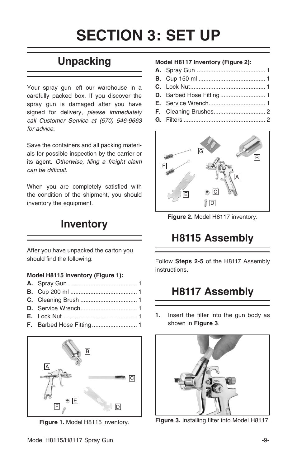 Unpacking, Inventory, H8117 assembly | H8115 assembly | Grizzly H8115 User Manual | Page 9 / 24