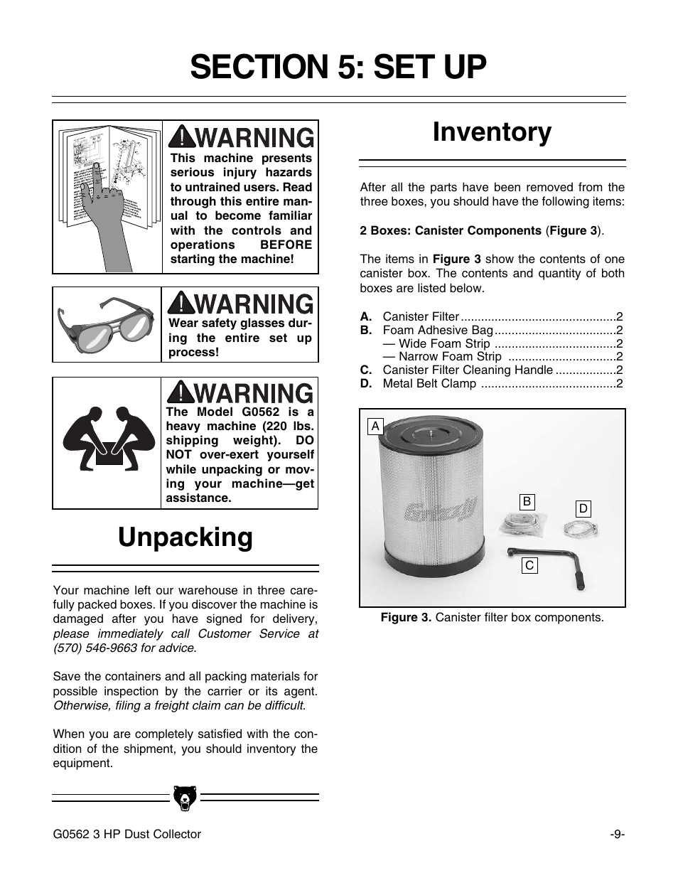 Inventory, Unpacking | Grizzly Model G0562 User Manual | Page 11 / 36