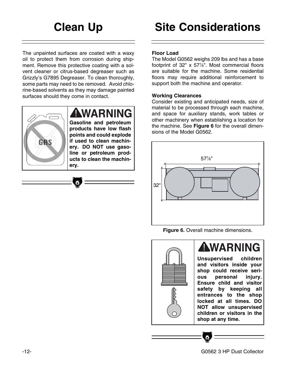 Site considerations clean up | Grizzly Model G0562 User Manual | Page 14 / 36