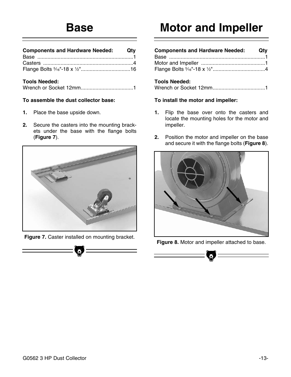 Base, Motor and impeller | Grizzly Model G0562 User Manual | Page 15 / 36