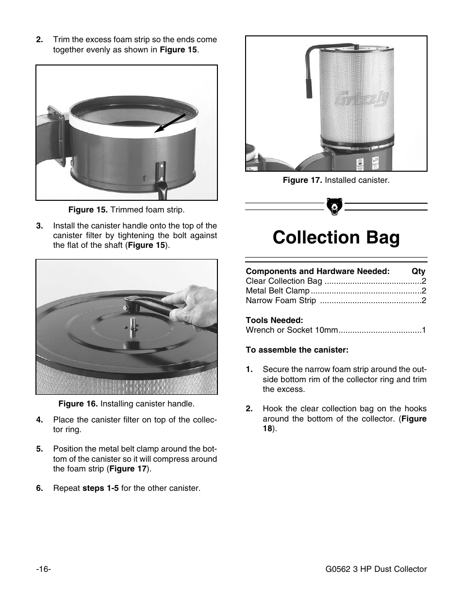 Collection bag | Grizzly Model G0562 User Manual | Page 18 / 36