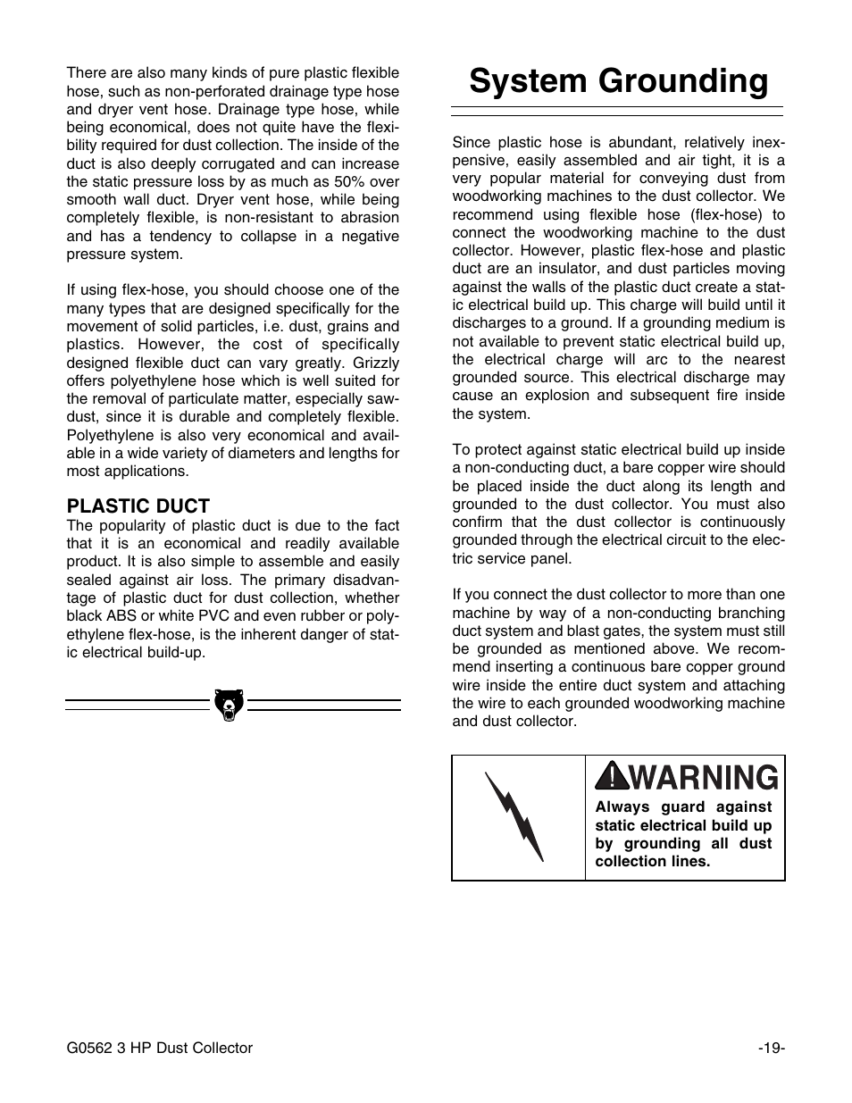 System grounding | Grizzly Model G0562 User Manual | Page 21 / 36