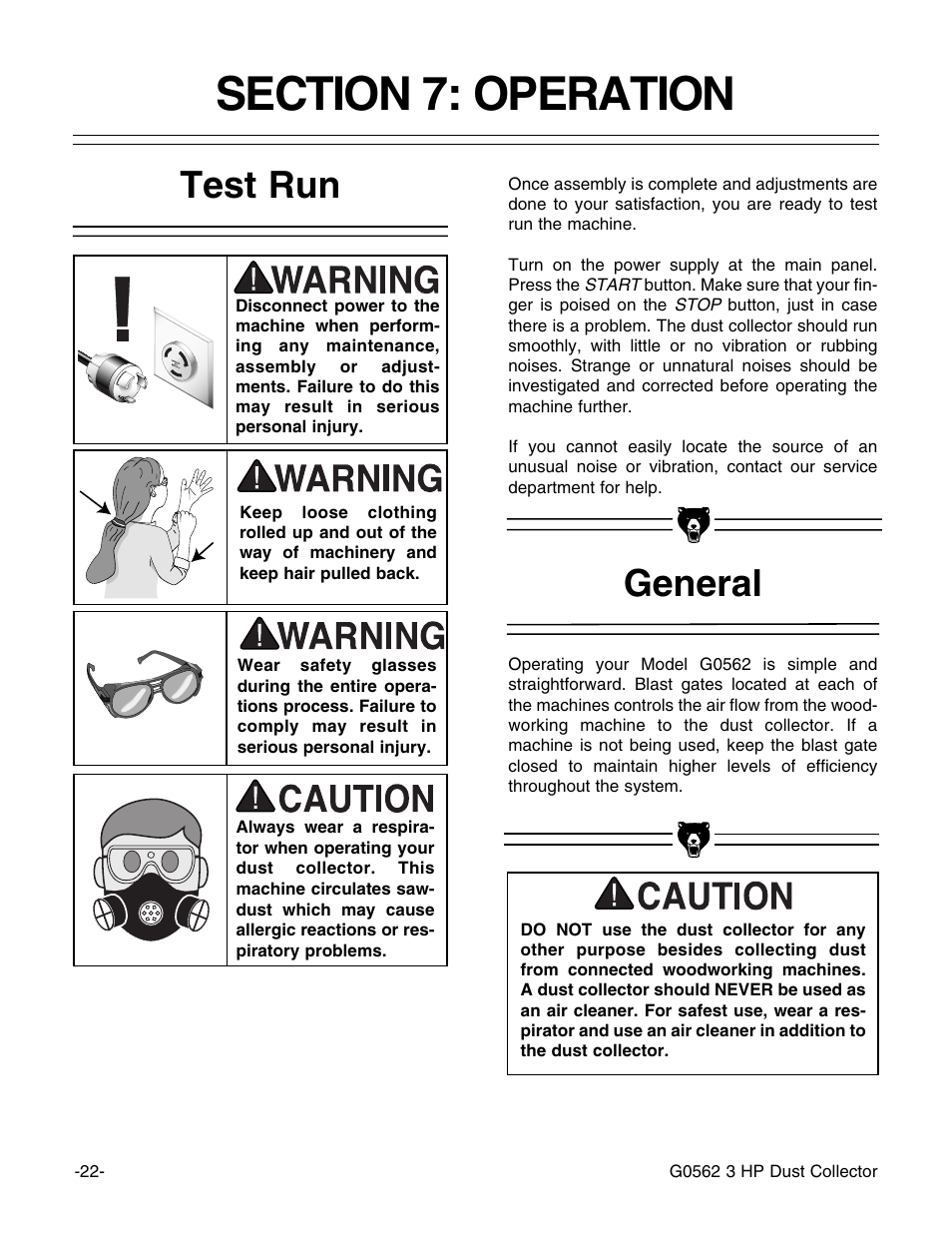 General test run | Grizzly Model G0562 User Manual | Page 24 / 36