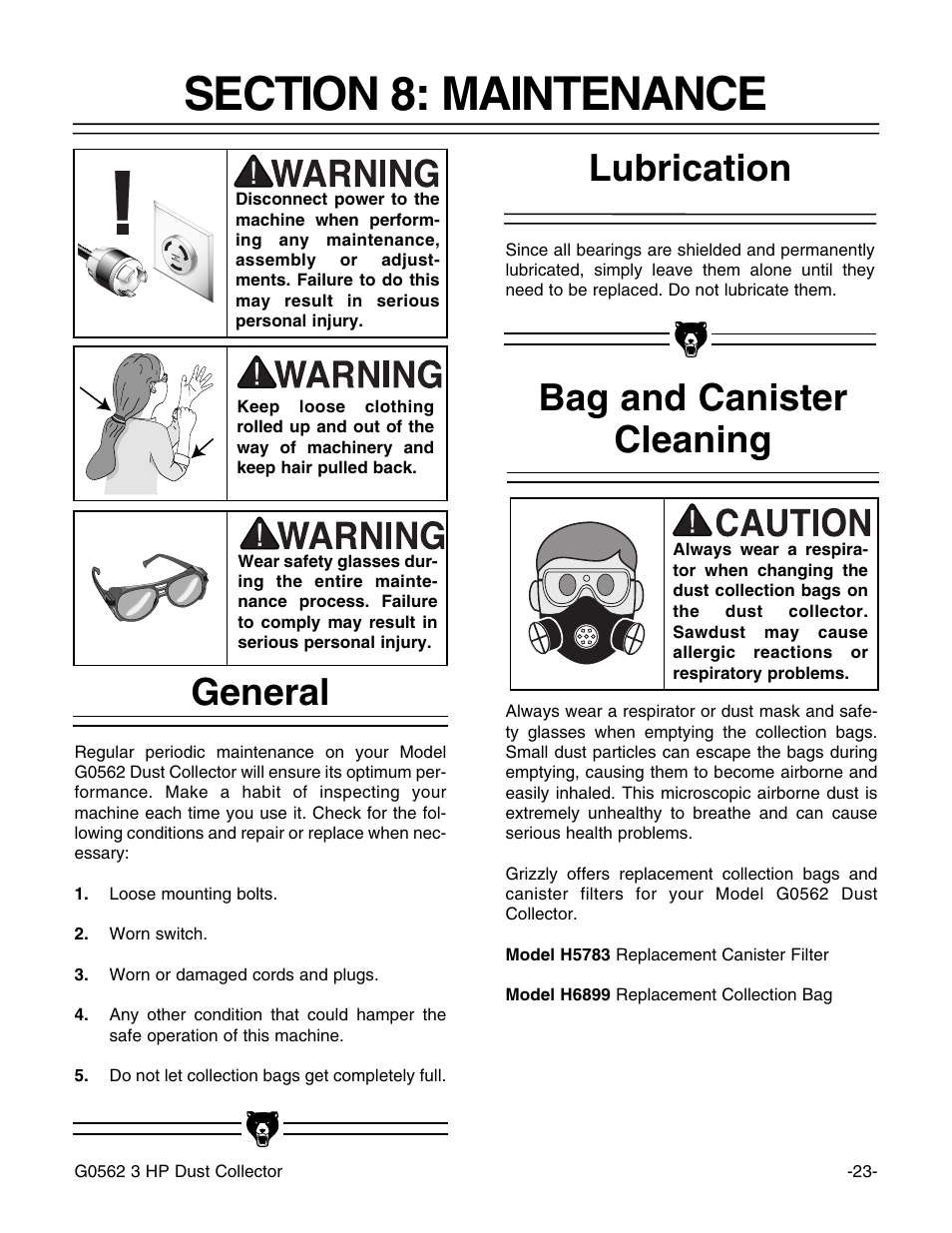 Bag and canister cleaning lubrication general | Grizzly Model G0562 User Manual | Page 25 / 36