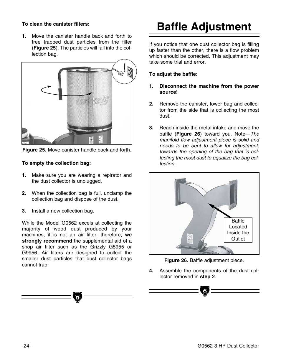 Baffle adjustment | Grizzly Model G0562 User Manual | Page 26 / 36