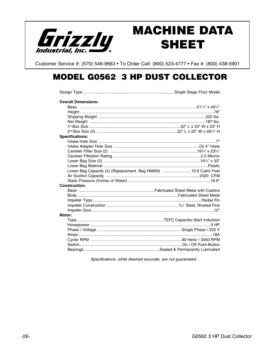 Machine data sheet | Grizzly Model G0562 User Manual | Page 28 / 36