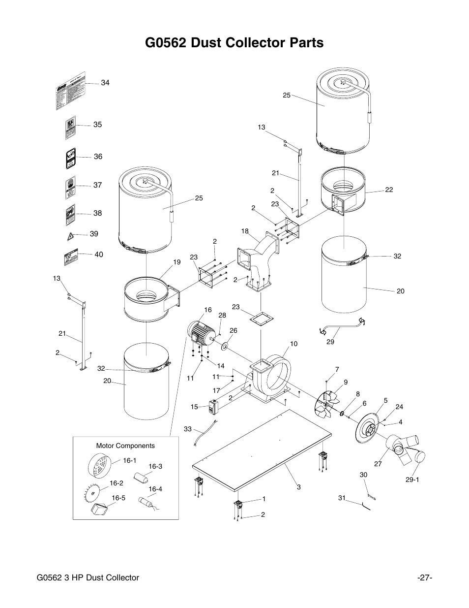 G0562 dust collector parts | Grizzly Model G0562 User Manual | Page 29 / 36