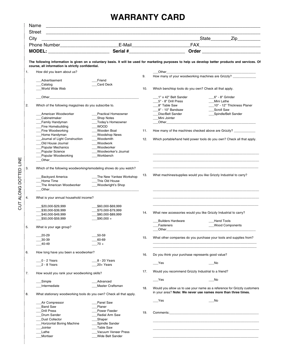 Warranty card, Cut along dotted line | Grizzly Model G0562 User Manual | Page 33 / 36