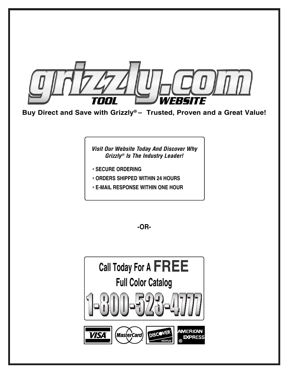 Free, Call today for a, Full color catalog | Grizzly Model G0562 User Manual | Page 36 / 36