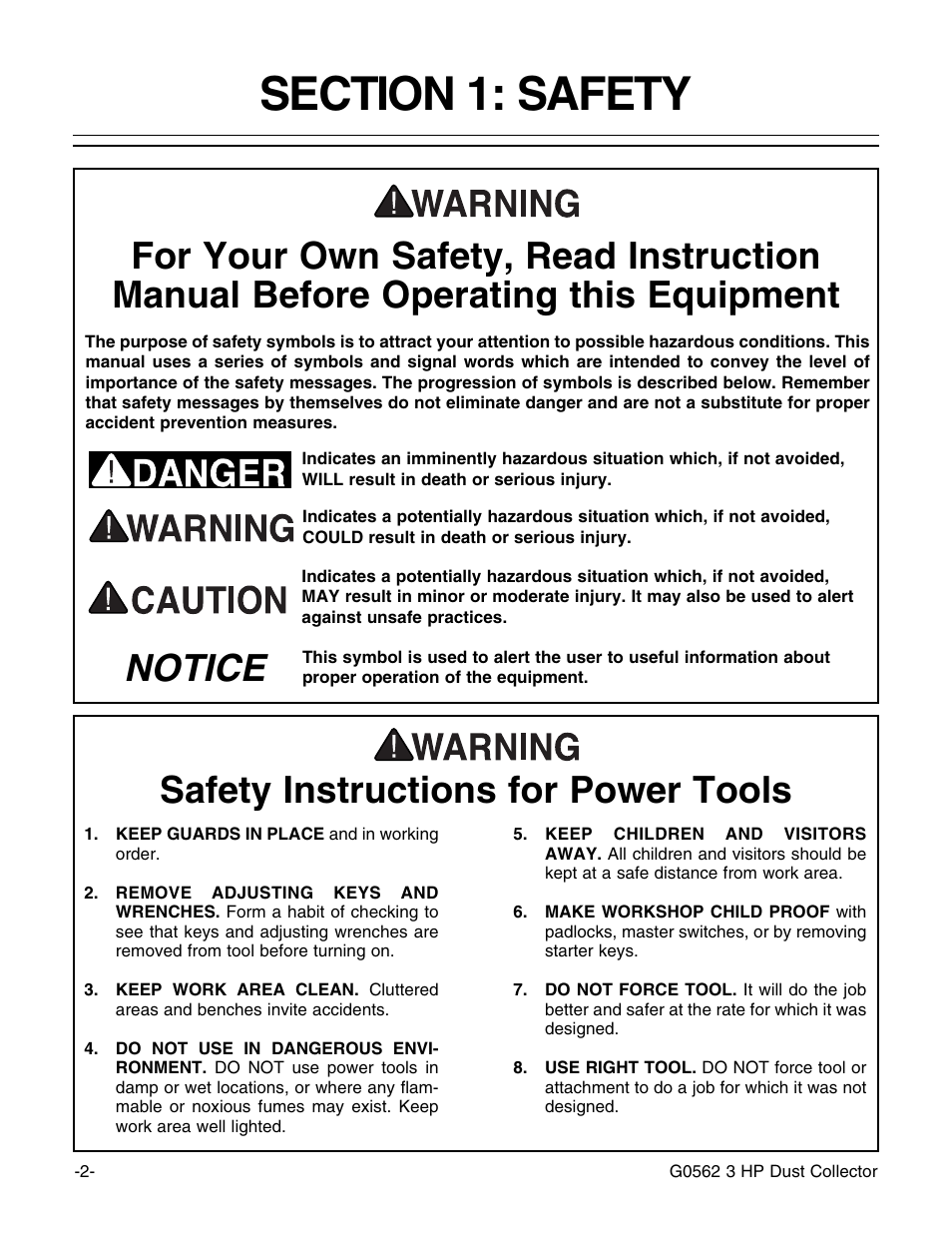 Notice safety instructions for power tools | Grizzly Model G0562 User Manual | Page 4 / 36