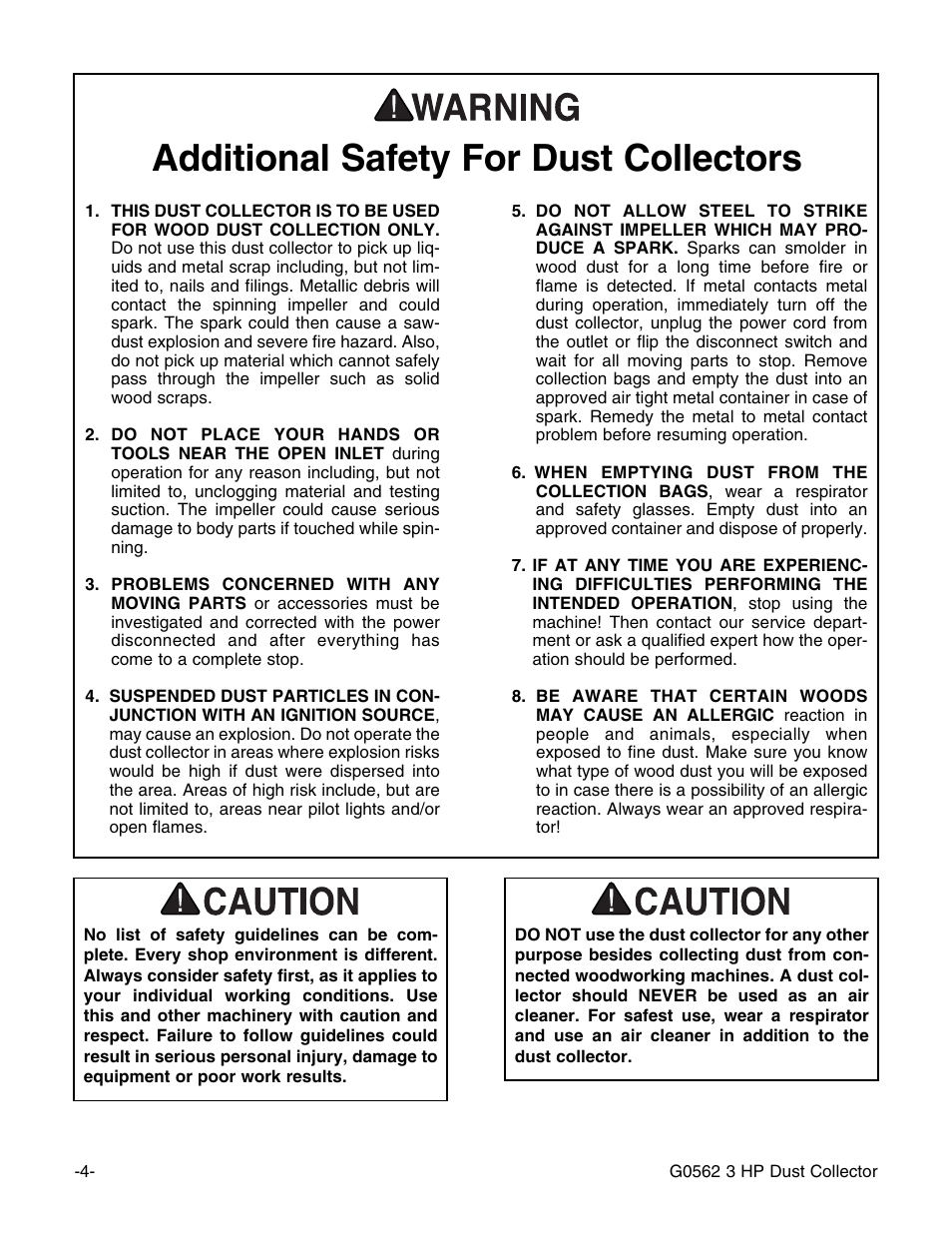 Additional safety for dust collectors | Grizzly Model G0562 User Manual | Page 6 / 36