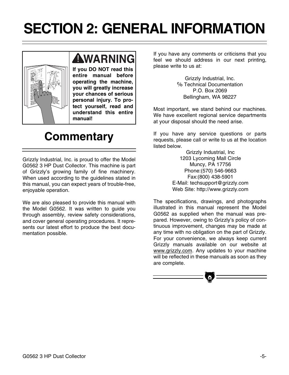 Commentary | Grizzly Model G0562 User Manual | Page 7 / 36