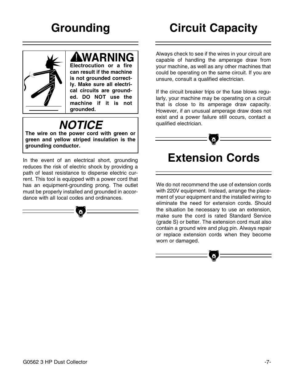 Notice, Extension cords circuit capacity grounding | Grizzly Model G0562 User Manual | Page 9 / 36